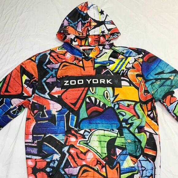 ZOO YORK Graffiti Hoodie XL Pullover AOP Graffiti Y2K Skater Older Brother Core - Picture 3 of 7